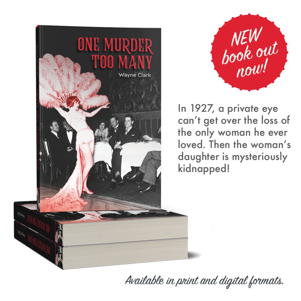 Paperback book, One Murder Too Many, on display. Image text: New book out now! Available in print and digital formats